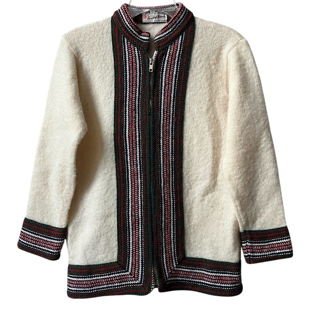 Vintage Browns Of Bermuda Full Zip Wool Cardigan Sweater Small Cream Retro